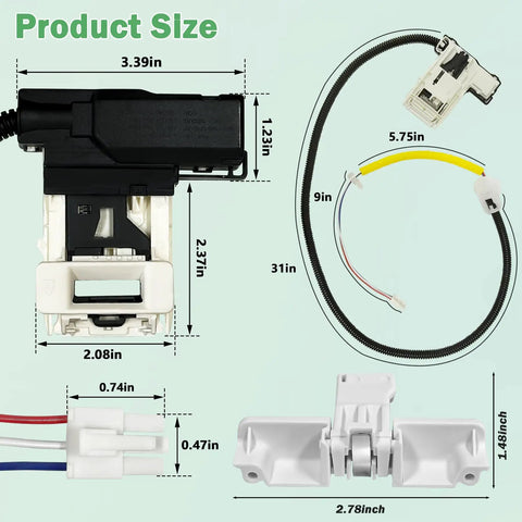 Heavy Duty Washing Machine Lid Lock Assembly Replacement For Whirlpool Maytag Kenmore Amana Top Loader with dimensions and wiring.
