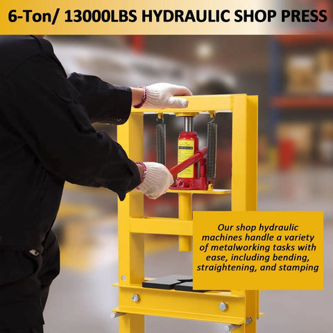 6 Ton Portable H Frame Hydraulic Press With Movable Plate And Overpressure Protection For Metalworking Auto Repair And DIY Projects Built For Pro Use And Home Workshops, yellow steel frame
