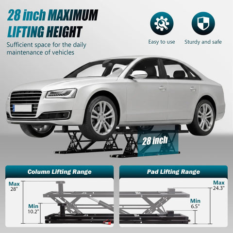 Heavy Duty Portable Hydraulic Car Lift Featuring A Hella Rugged Nine Thousand Pound Capacity Zero Drag Wheels Clean Steel Build Ideal For Home Garage Wrenchin And Serious Auto Work lifting a car to 28 inches high.