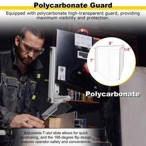Worker using Vertical Band Saw Guard Aluminum Alloy No Drilling Required Universal Safety Shield with polycarbonate guard