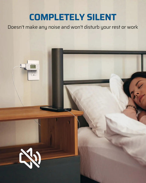 Indoor Programmable Digital Timer Outlet Plug Two Pack 24 Hour Schedule Switch With Effortless Setup on bedtime table, silent use.