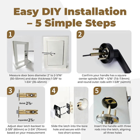 Easy DIY installation guide for Square Spindle Door Latch Replacement With Adjustable Backset, showing five simple steps.