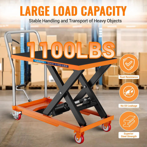 Rock Solid Hydraulic Lift Table Cart Featuring Single Scissor Platform Designed To Haul Serious Weight Up To 1100Lbs Rust Resistant Steel Build Plus Smooth Swivel Casters That Roll Through Any Tight Space Finished Bright Orange