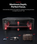 80W CO2 Laser Cutter With Intelligent Automation, showcasing autolift base for 8.7” depth focus with objects inside