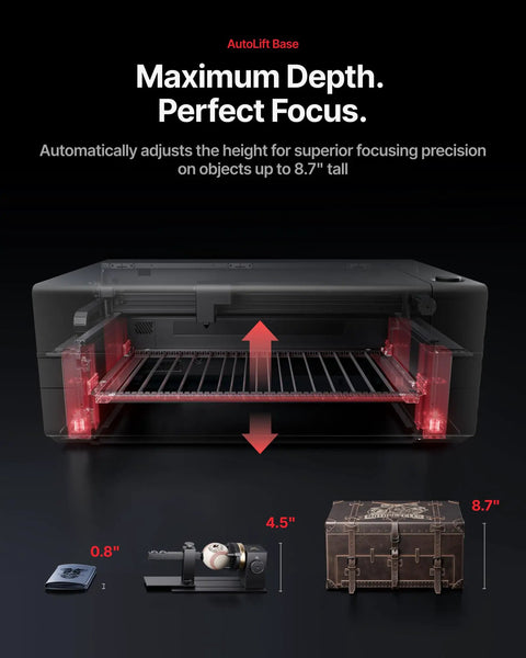80W CO2 Laser Cutter With Intelligent Automation, showcasing autolift base for 8.7” depth focus with objects inside