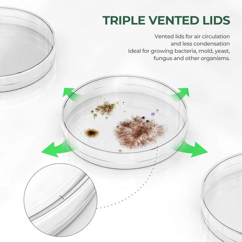 10 Pack Sterile Thick Plastic Petri Dishes With Lids 90mm Diameter 15mm Deep Clear Vented Dishes For Lab Science Experiments And Microbiology Studies Classroom Use, triple vented lid