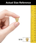Easy Install Real Deal Solid Brass Mini Knobs 5 Pack Measure a True 1/2 Inch for Crafting DIY Hobbies Jewelry Boxes and Tiny Furniture With Top Shelf Grip and Warm Touch, actual size reference with ruler.