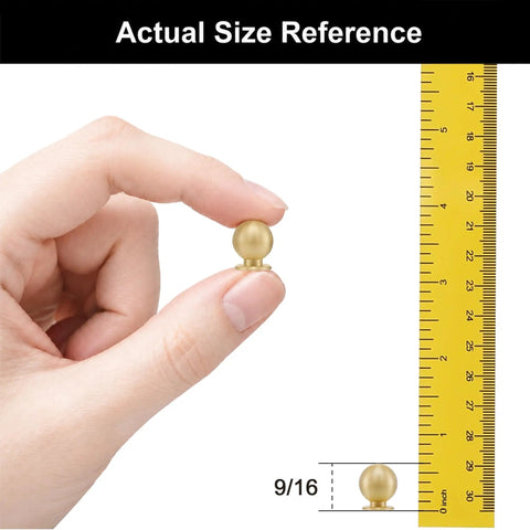 Easy Install Real Deal Solid Brass Mini Knobs 5 Pack Measure a True 1/2 Inch for Crafting DIY Hobbies Jewelry Boxes and Tiny Furniture With Top Shelf Grip and Warm Touch, actual size reference with ruler.