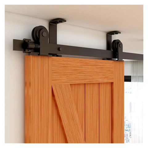 Heavy Duty Barn Door Hardware Kit For Indoor Sliding Doors With Ceiling Rail System and T Shape Rollers installed on wood door