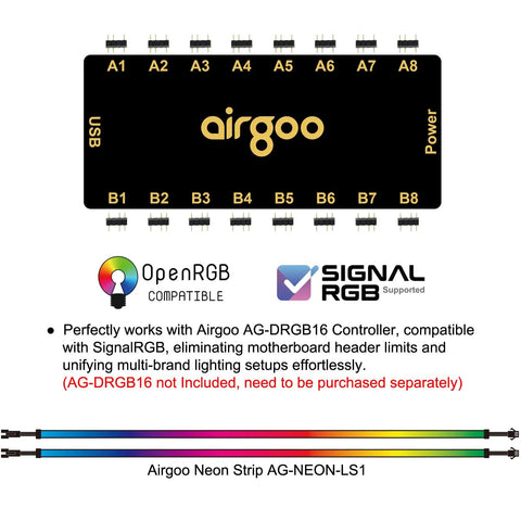 Diagram showing Airgoo AG-DRGB16 controller compatible with Addressable RGB LED Strip Kit With Silicon Diffused Neon Tubing Flexible ARGB Strip.