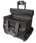 Roller Tool Bag With Lighted Handle 17 Inch TechGear L258 Rolling Tool Carrier with LED illumination, open view, black polyester.