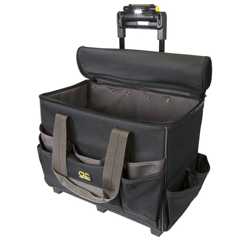 Roller Tool Bag With Lighted Handle 17 Inch TechGear L258 Rolling Tool Carrier with LED illumination, open view, black polyester.