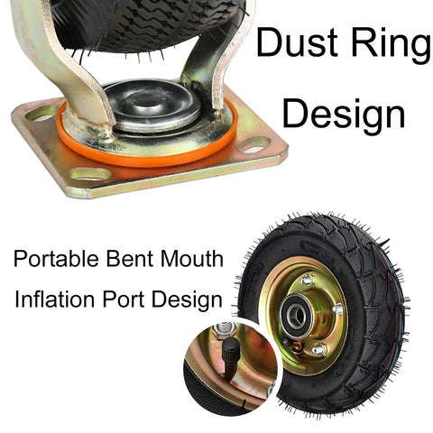 Heavy Duty Swivel Caster Wheels Set Of Four With Side Brakes And Shock Absorbing Pneumatic Rubber Tires showcased with dust ring and inflation port.