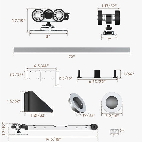 Detailed diagram of Heavy Duty Bypass Sliding Closet Door Hardware Set with Soft Close Mechanism showing dimensions.