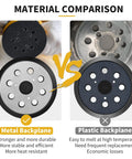 Comparison of metal and plastic backplane for 4 Pack 5 Inch Hook And Loop Orbital Sander Pad With 8 Dust Holes And 3 Screw Holes Center 1 Inch Compatible With DeWalt Sander Models DW420 DW421 DW422 DW423 DW426 D26451 DW4388 Replacement Pad