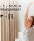No Sweat Install Zigbee Smart Curtain Motor and Heavy Duty Electric Curtain Driver For Smooth Home Automation, showing a woman enjoying sunlight.