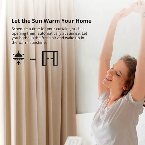 No Sweat Install Zigbee Smart Curtain Motor and Heavy Duty Electric Curtain Driver For Smooth Home Automation, showing a woman enjoying sunlight.