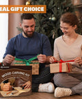 Couple exchanging gifts next to Christmas tree with All In One Wood Carving Set For Beginners 32 Piece Toolkit displayed.