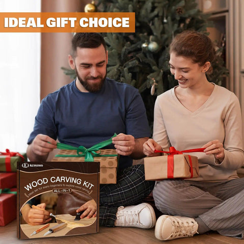 Couple exchanging gifts next to Christmas tree with All In One Wood Carving Set For Beginners 32 Piece Toolkit displayed.