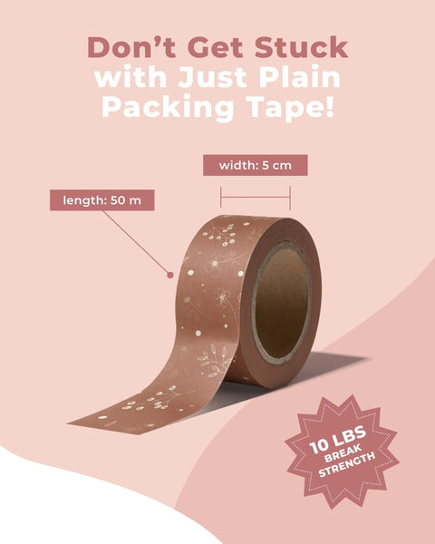 Premium Water Activated Packing Tape Straight Up For Sealing Corrugated Boxes And Gift Cartons With Rosy Floral Print Biodegradable Gummed Paper Shipping Rolls For Ecommerce Hustlers, 5cm x 50m roll with floral design.
