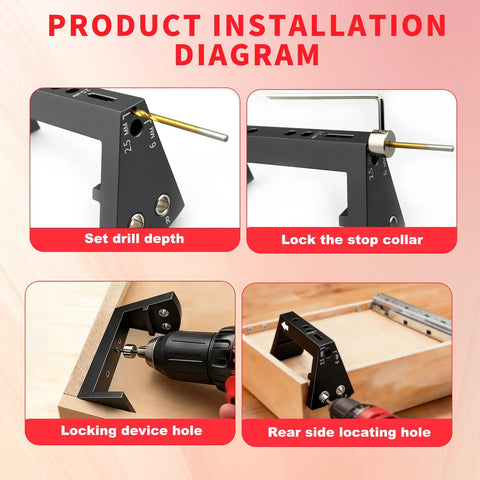 Illustration of Precision Undermount Drawer Slide Drill Guide Jig With Six Piece Bit Set showing installation steps and features.