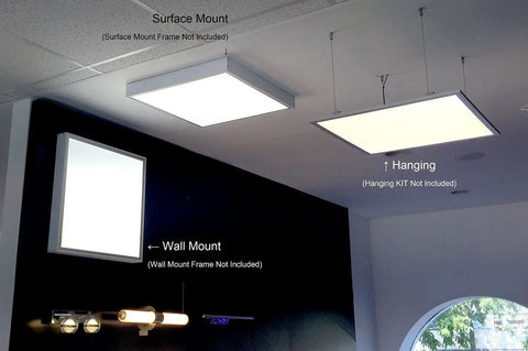 2x2 Foot Edge-Lit LED Panel Kit, Dimmable 0-10V, 40W, 5000K daylight, ceiling and wall mounted in showroom display.