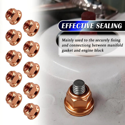 10 Pieces M8x1.25 Exhaust Manifold Gasket Nut for automotive manifolds, high temp resistance, effective sealing displayed on flange