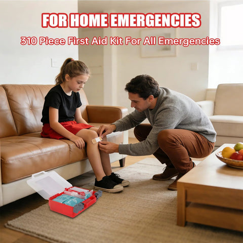 Gevoke 310-piece hard-case first aid kit open on living room floor with assorted bandages.