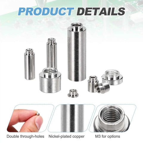 20 Pack M3 Weld Copper Nuts Featuring Nickel Finish And Dual Through Hole Design For Rock Solid PCB Boards And Tech Builds Delivering Top Shelf Conductivity And Built Tough Reliability, various sizes displayed.
