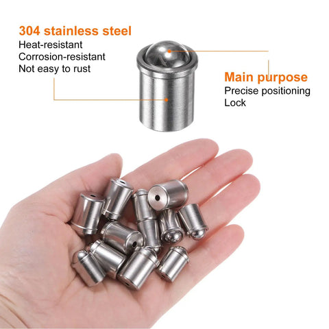Top Shelf 12 Pack 304 Stainless Steel Ball Plungers And Catch Hardware Heavy Duty Industrial Door Stops With Smooth Moving Pins For Solid Cabinet Latches Built Like A Tank in hand.