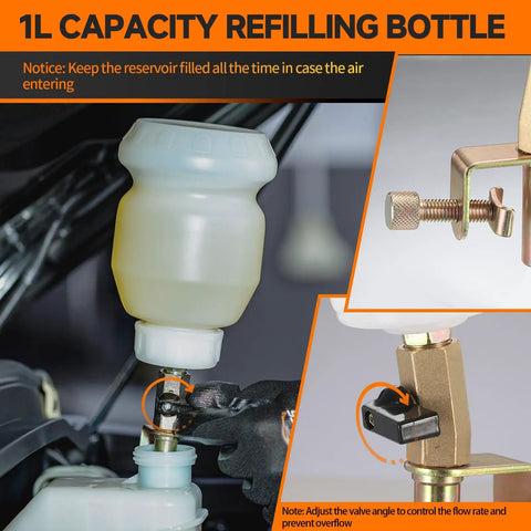 1L refilling bottle with valve adjustment in brake bleeder vacuum pump kit for one person operation.