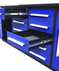 Heavy Duty Steel Tool Cabinet and Workbench Combo with 10 Drawers and 2 Cupboard Doors with Locks and pre cut Liners, blue drawers opened.