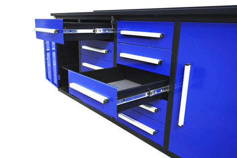 Heavy Duty Steel Tool Cabinet and Workbench Combo with 10 Drawers and 2 Cupboard Doors with Locks and pre cut Liners, blue drawers opened.