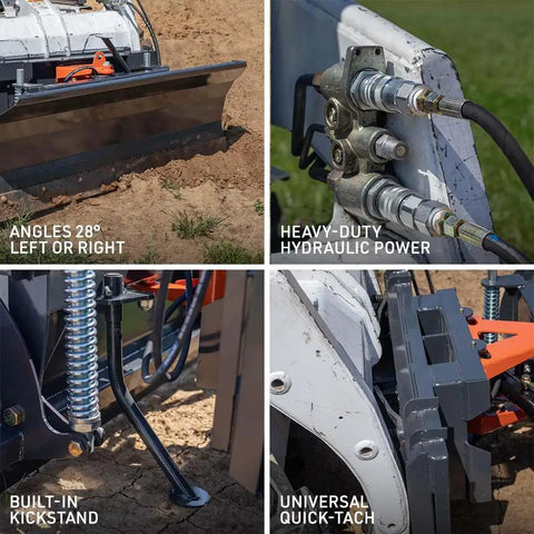 Beast 79 Inch Hydraulic Dozer Blade For Skid Steer With SSQA Quick Attach, showcasing hydraulic power and spring shocks