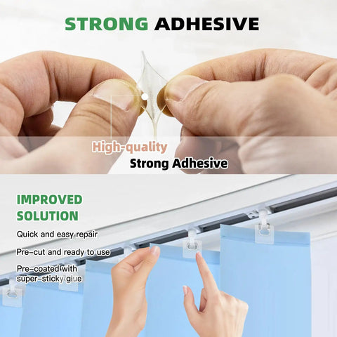 Hands holding a clear adhesive tab with the header 'Strong Adhesive' showcasing application for Sixty Clear Vertical Blind Repair Tabs Universal Snap In Replacement Clips.