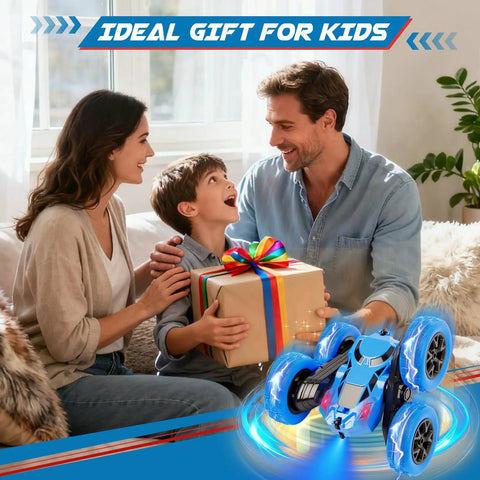 Family gifting a 2.4GHz RC Car With 360 Degree Double Sided Flips 4WD Off Road Dope Stunt Truck Built For Kids Aged 6 To 12