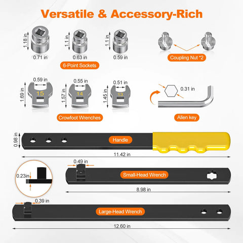 11 Piece Universal Serpentine Belt Tool Kit With Sockets 15mm 16mm 18mm And Die Wrenches 13mm 14mm 15mm overview with components