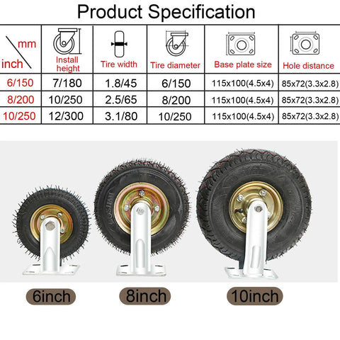 Three sizes of Heavy Duty Pneumatic Casters With Shock Absorbing Air Filled Tires for Wheelbarrow Replacement on display.