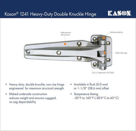Heavy Duty Double Knuckle Truck Body Hinge With Ribbed Support Base Non Rising Right Hand Fit, zinc and nylon construction with stainless steel pin.