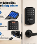 Programmable Electronic Keypad Deadbolt Keyless Entry Door Lock For Bedroom Closet Apartment Hardware Matte Black Finish showing keypad and battery compartment.