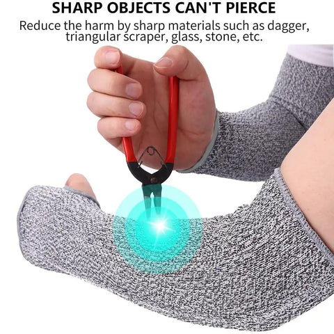 Cut Resistant Sleeves HPPE Arm Guards EN388 Level 5 Protection Bite Proof Anti Abrasion shown resisting sharp tool.