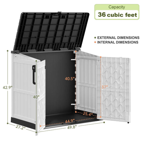 Spacious 36 Cu Ft Plastic Outdoor Storage Shed With Wood Grain Finish showing open doors and internal dimensions.