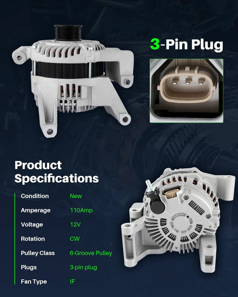 Beefed Up Alternator For Mazda 5 L4 2.3L 2008 2009 2010 110 Amp 12 Volt Clockwise Rotation 6 Groove Pulley with 3-Pin Plug