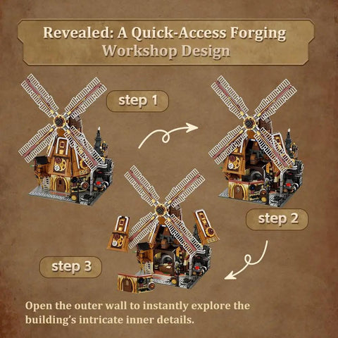 Dope Steampunk Dutch Windmill Building Set With Motorized Blades Exposed Gears Openable Walls And Accessible Mechanical Drive For Adults Collectors And Hobbyists showing openable walls for gear display.