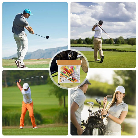 Collage with golf players and Lightweight Golf Tees Pouch With Clip Ball Bag Tee Holder Clear Storage Organizer