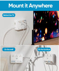No Cap Necessary Heavy Duty 100W Power Strip With 6 AC Outlets And 8 USB Ports For Fast Charging mounted behind TV and on wall.