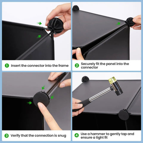 12 Cube Modular Closet Organizer With Rubber Mallet No Fuss Assembly steps, showing connection of ABS connectors and metal frame.