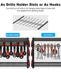 Power Tool Organizer Cart With Charging Station On Wheels Eight Outlet Power Strip Built In Battery Storage Garage Floor Rolling Rack Heavy Duty Metal Utility Cart Red showing drill holders and hooks.