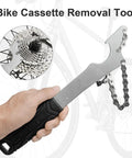 Close-up of Bike Cassette Removal Tool Pro Grade Sprocket Remover Wrench with long handle used on bike wheel cassette.