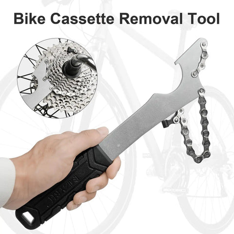 Close-up of Bike Cassette Removal Tool Pro Grade Sprocket Remover Wrench with long handle used on bike wheel cassette.